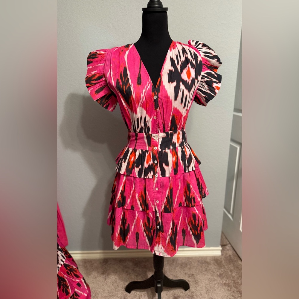 NWT Ro's Garden Hunan Boyfriend Printed Cap Sleeve Tiered Mini Dress Size XS